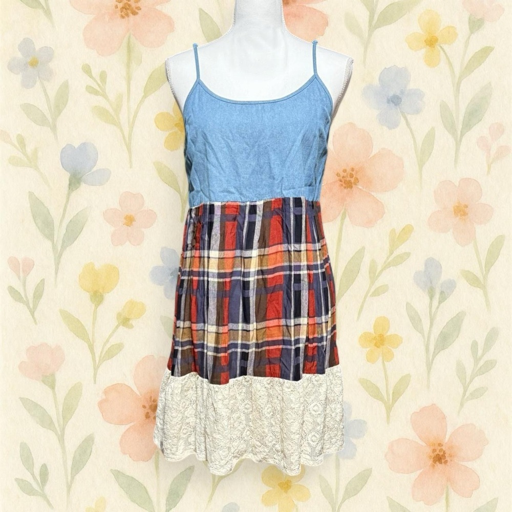Umgee USA Patchwork Boho Dress Plaid Lace Hem Chambray Size S Cottagecore